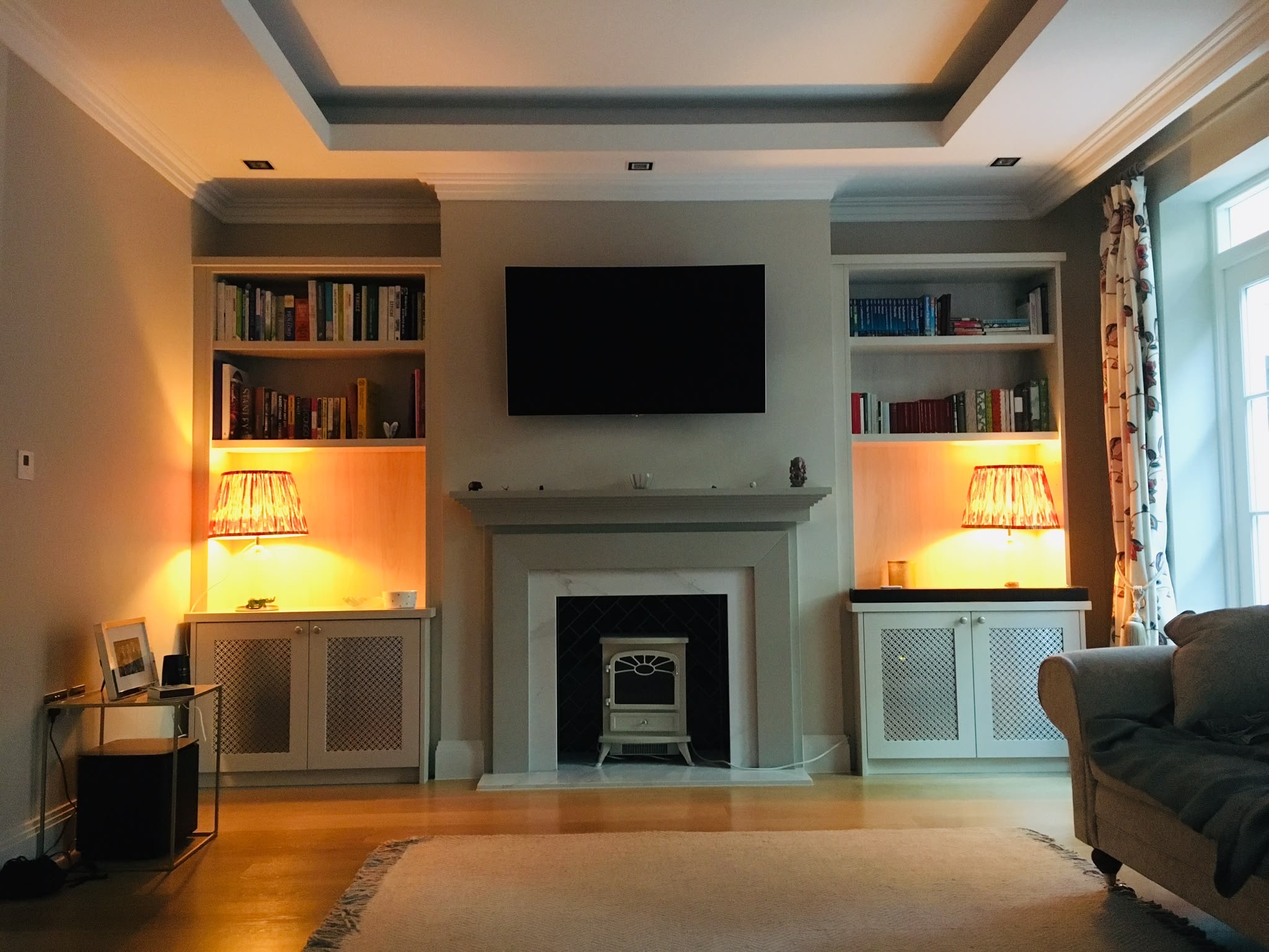 Living room alcove fireplace